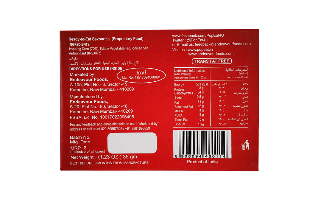 PopEat Microwave Popcorn Salty Delight   0  35 grams
